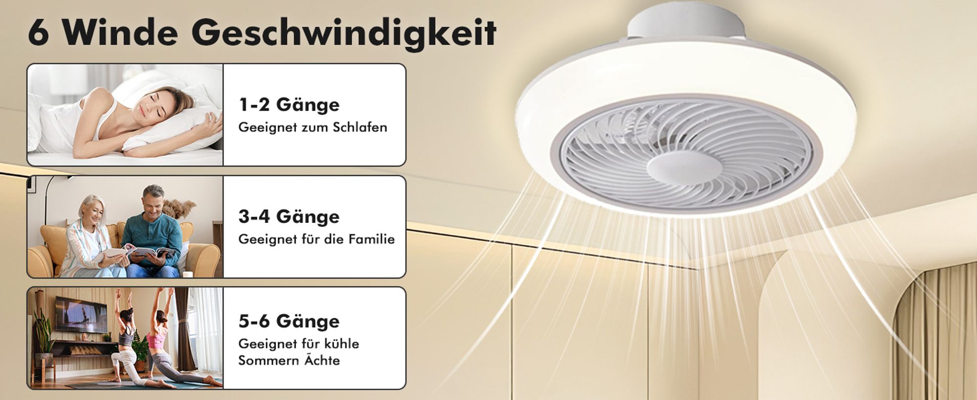 Smart Deckenventilator mit Beleuchtung und Fernbedienung 3000K-6000K Dimmbar LED Deckenleuchte mit Ventilator 6 Windgeschwindigkeit Lüfterleuchte