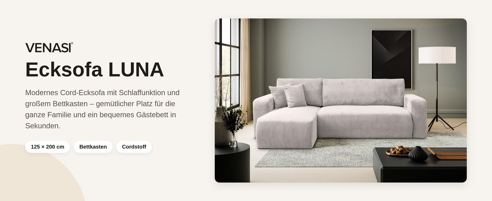 VENASI Ecksofa mit Schlaffunktion Luna L, Schwarz Cordstoff