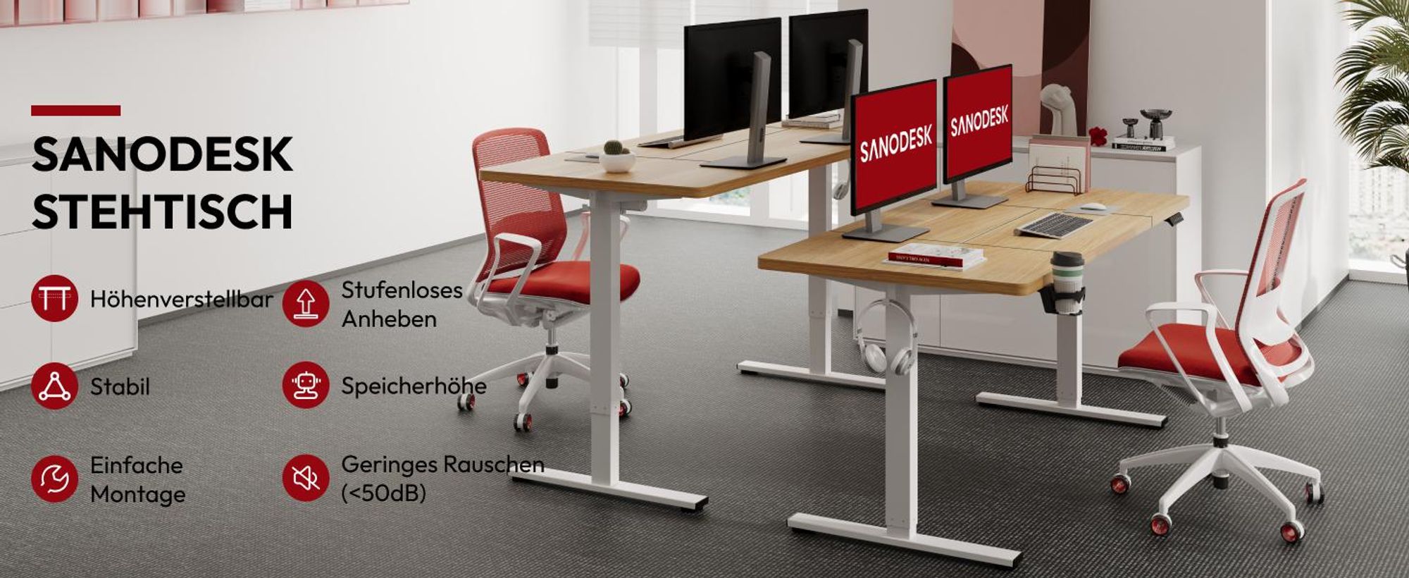 SANODESK Höhenverstellbarer Schreibtisch 160x60cm elektrisch 4 Memory-Funktion, Antikollisionsschutz, 70kg Tragkraft, mit Haken und Ablagebox (Ahorn)