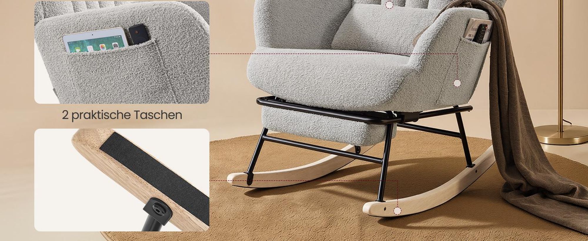 SONGMICS Schaukelstuhl mit ausziehbarer Fußstütze, Schaukelsessel, Holzbeine, Kissen, für Wohnzimmer, Fleece, grau