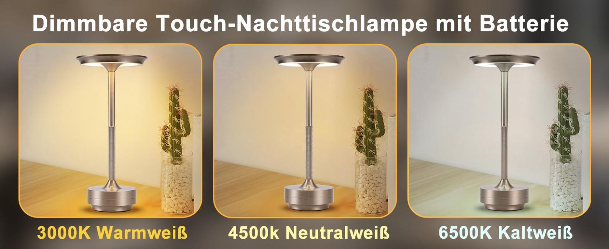ZMH Nachttischlampe Kabellos Tischlampe Akku - LED Tischleuchte Touch Dimmbar Lampe mit USB Aufladbar Batterie Tischlampen Nickel 2er Set für Modern Fensterbank Wohnzimmer Kinderzimmer Schlafzimmer