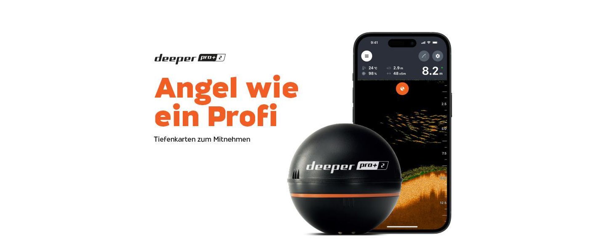 Deeper PRO+ 2 Fischfinder Echolot mit Tiefenmesser & GPS – für Kajak, Boot & Eisangeln