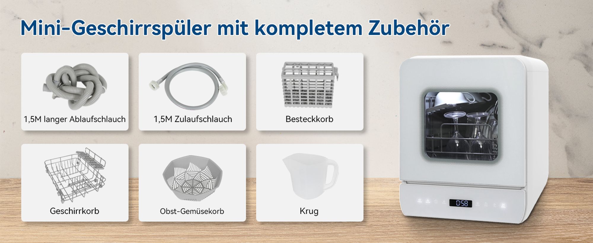 Puluomis Mini Geschirrspüler freistehend, Geschirrspülmaschine mit mit 7 Programe für 3 Gedecke, funktioniert mit/ohne Wasseranschluss, Weiß