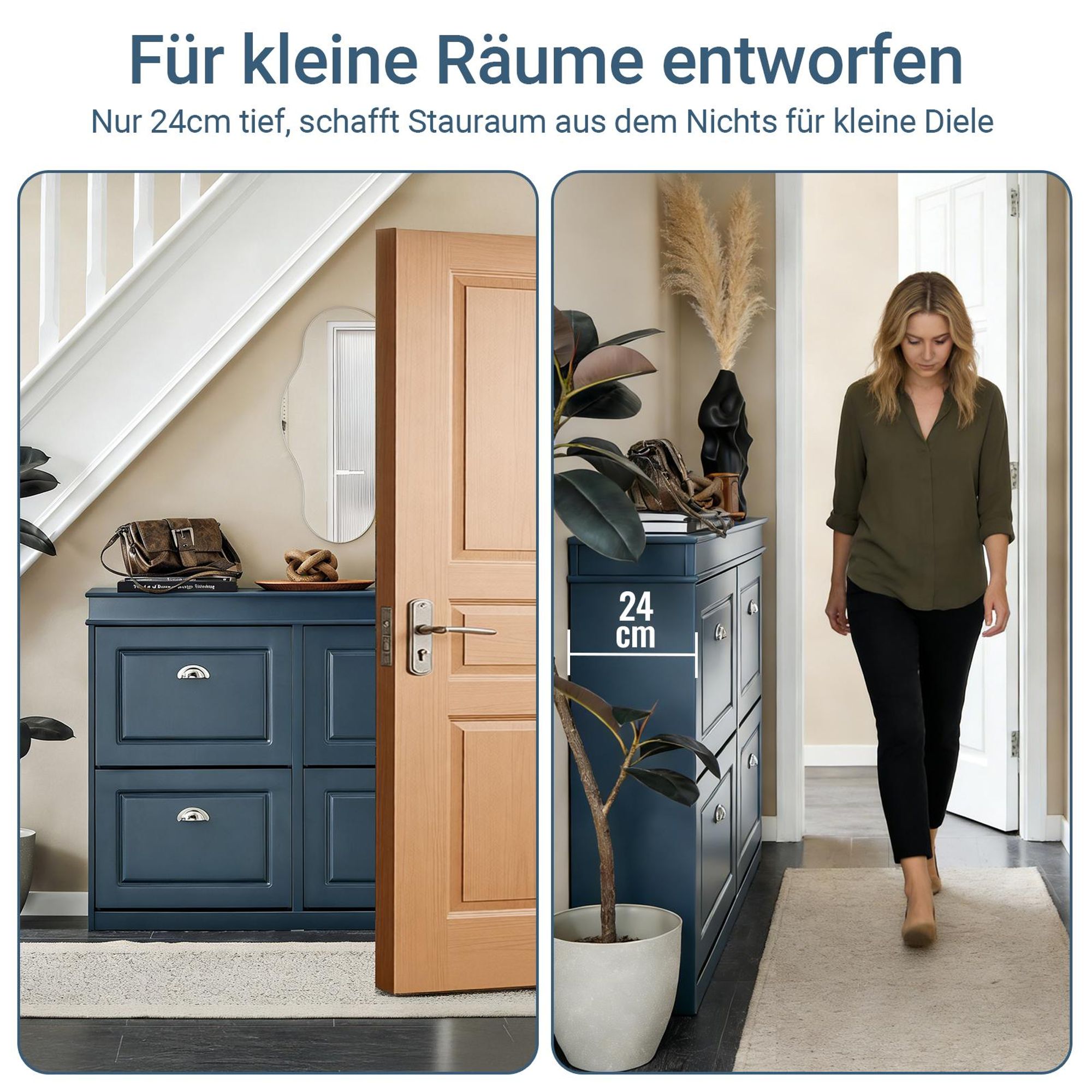 SoBuy schmaler Schuhschrank 24 cm tief mit 4 Klappen, Schublade & Haken, Schuhkipper für Flur mit Stauraum für bis zu 16 Paar Schuhe, Blau FSR79-B