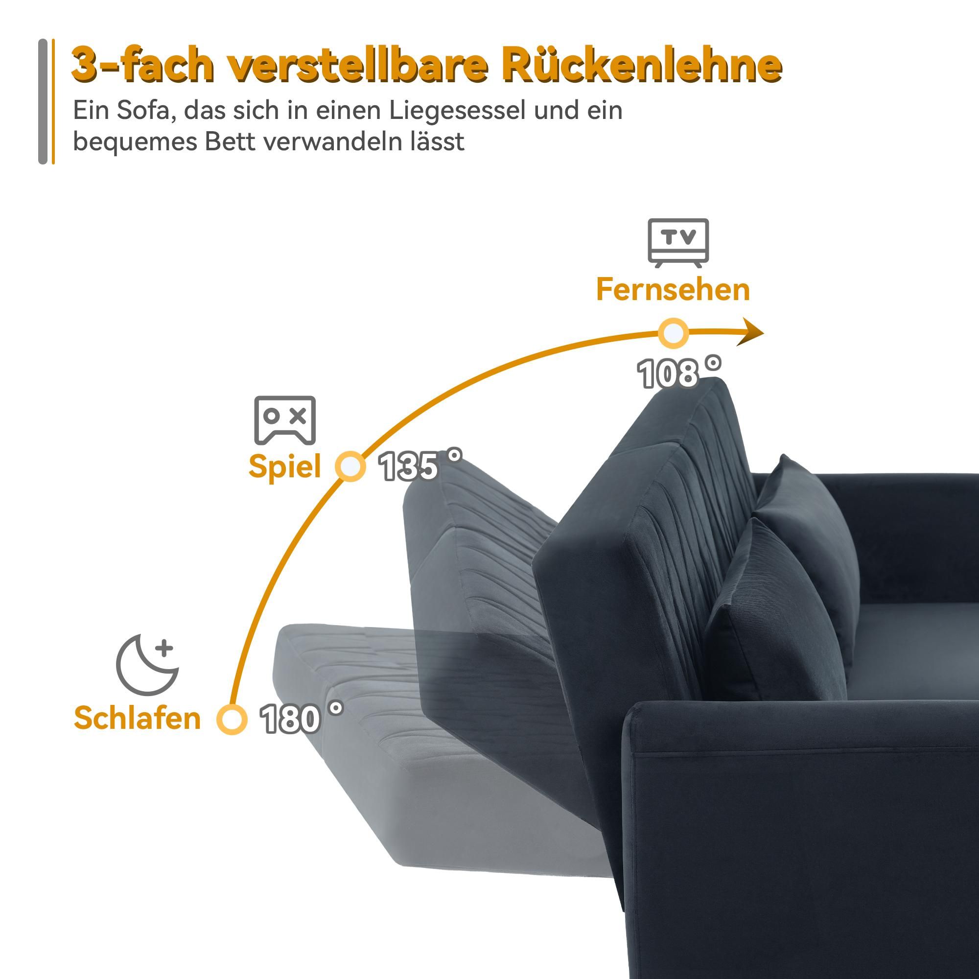 Merax Schlafsofa, Zweisitzer Sofa mit Schlaffunktion, verstellbare Rückenlehne & Armlehnen, 2 Kissen, Couch, Wohnzimmersofa, Samt, Dunkelgrau