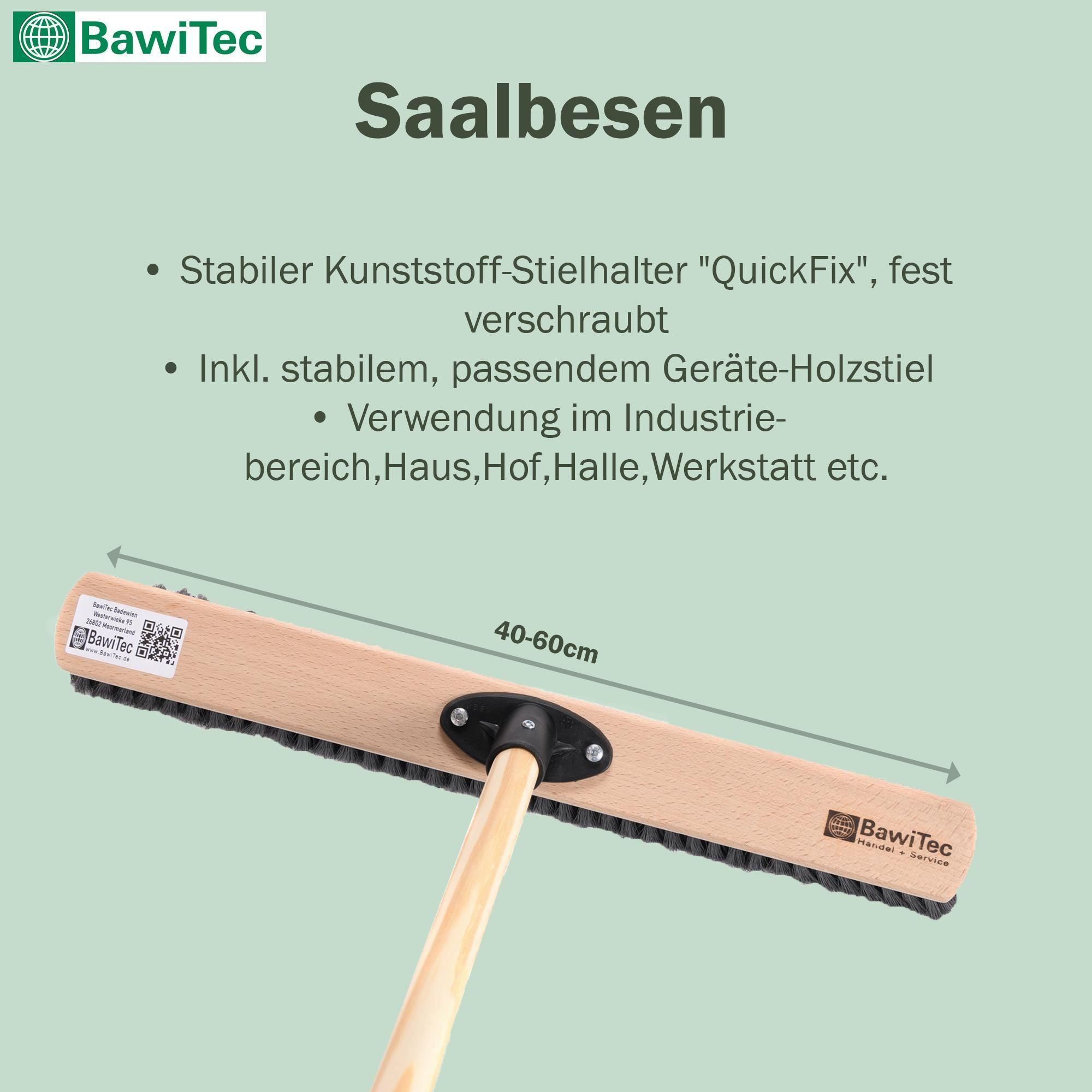 Hochwertiger Saalbesen 50 cm Breit schwarze weiche Kunsthaar Borsten mit QuickFix-Stielhalter und Stiel Holzstiel 160 cm Lang Besen für Innen