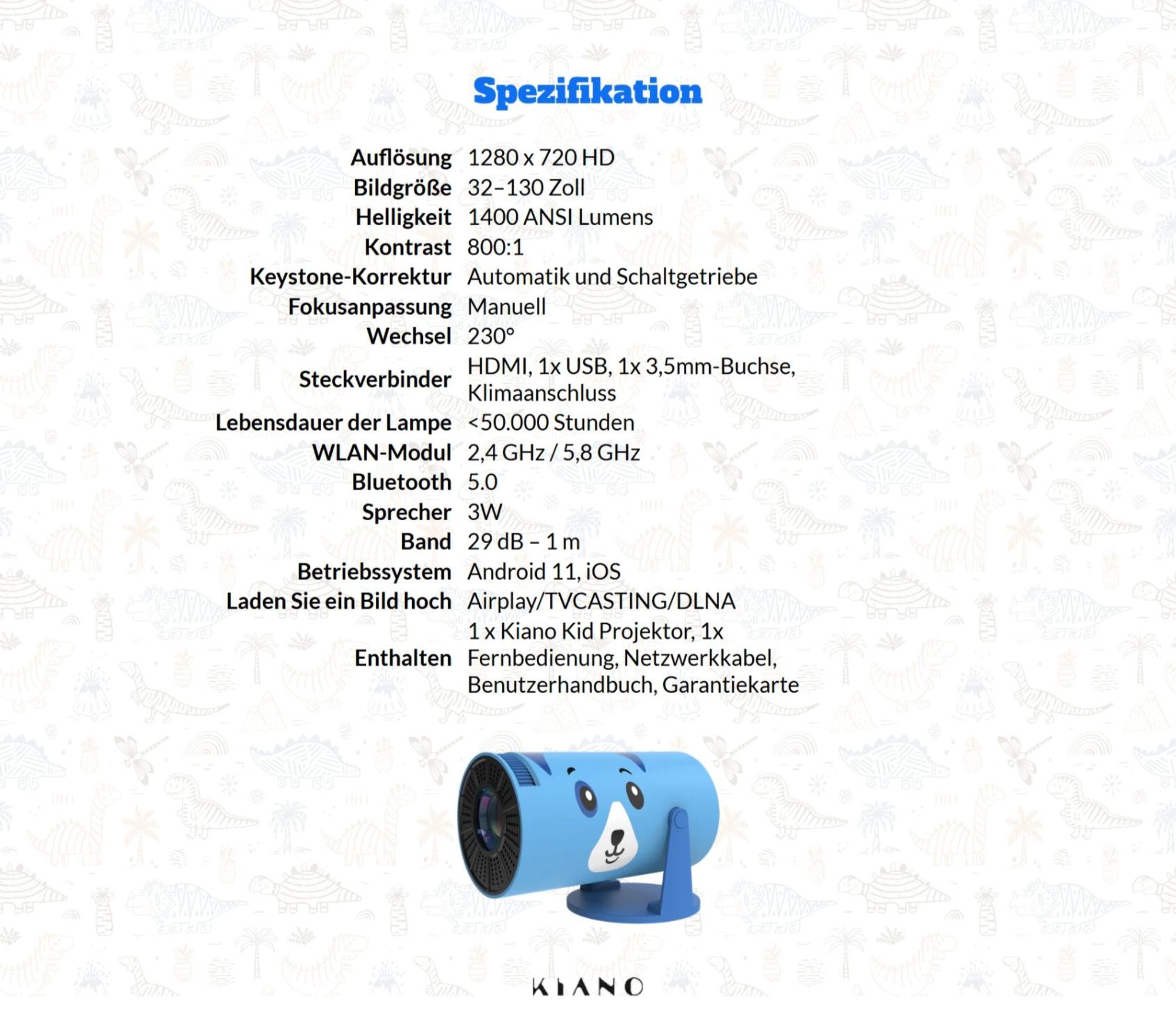 Beamer Kiano Kid Kinder Blau Hund Projektor HD 720p WLAN Bluetooth AirPlay Miracast 230° Drehung Mini Beamer für Kinderzimmer