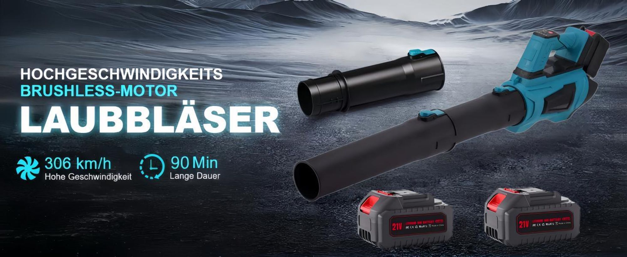 Akku Laubbläser-Bürstenloser Motor 306 km/h,2x 4000mAh Akku,Ladegerät,5 Stufe+ Turbomodus,Handgeführter Akku-Gebläse,für Pulverschnee,Garten,Auto,Laub