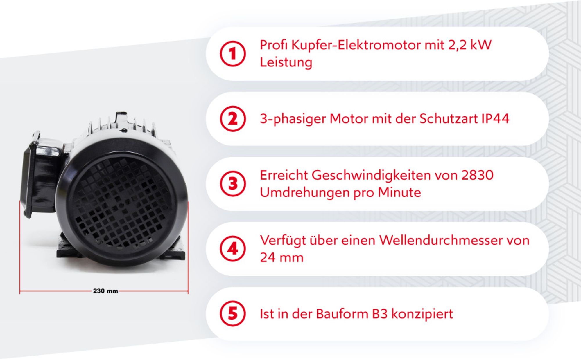 Wiltec Profi Elektromotor 400 V 2,2 kW (3 PS) 3-phasig 2-polig E-Motor in Bauform B3 2830 U/min mit Kupferwicklung, Drehstrommotor