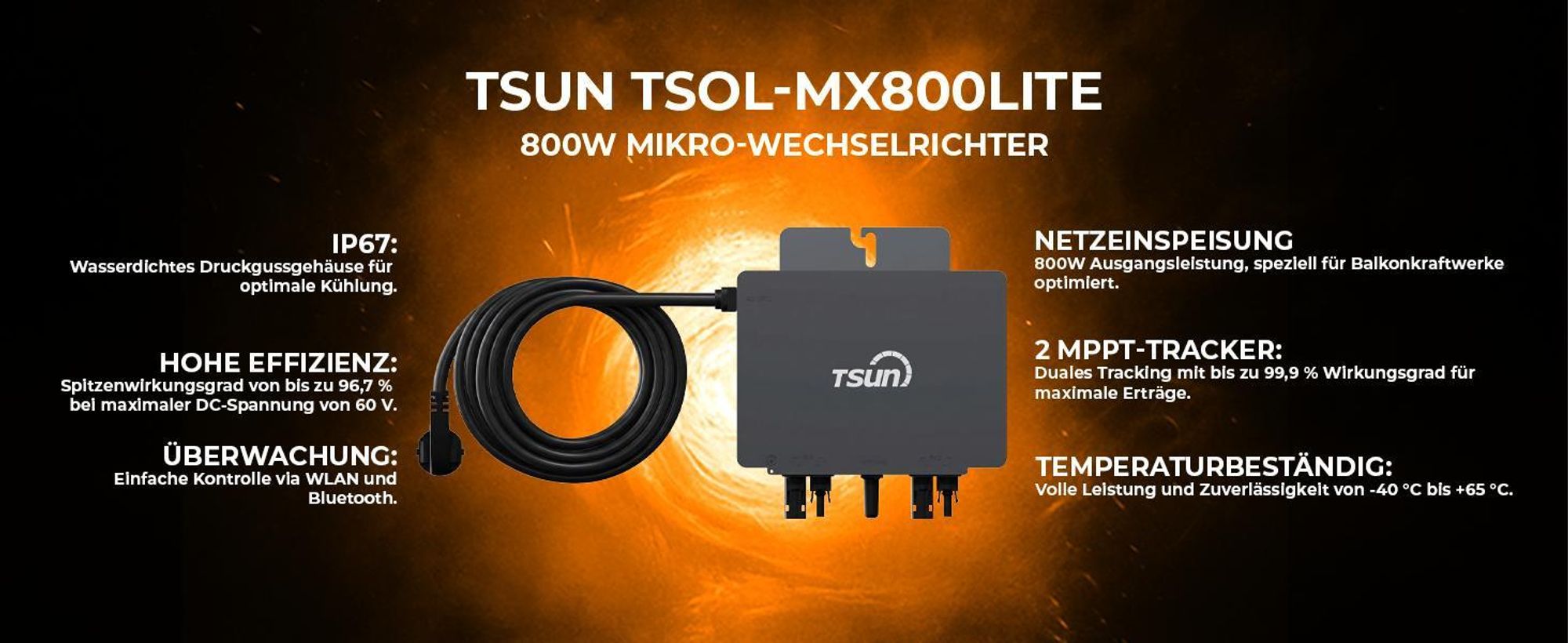 SUNNIVA® 1000W Balkonkraftwerk BIFAZIAL FULLBLACK komplett Steckdose TSUN 800 Watt Wechselrichter, Komplettset 2x 500W PV Solaranlage Solarmodule