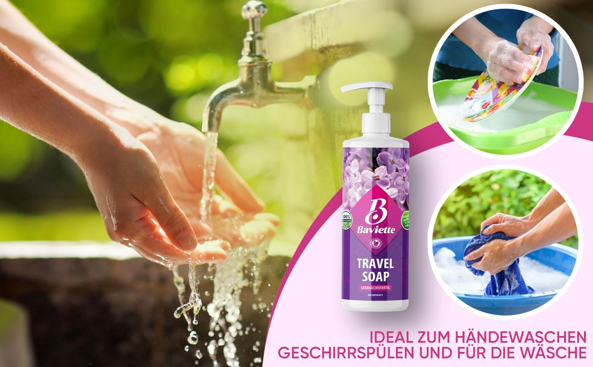 Baviette Eco Travel Soap 50 ml – kompakte Reise-Seife mit Mikroorganismen für Hände, Geschirr & Wäsche unterwegs