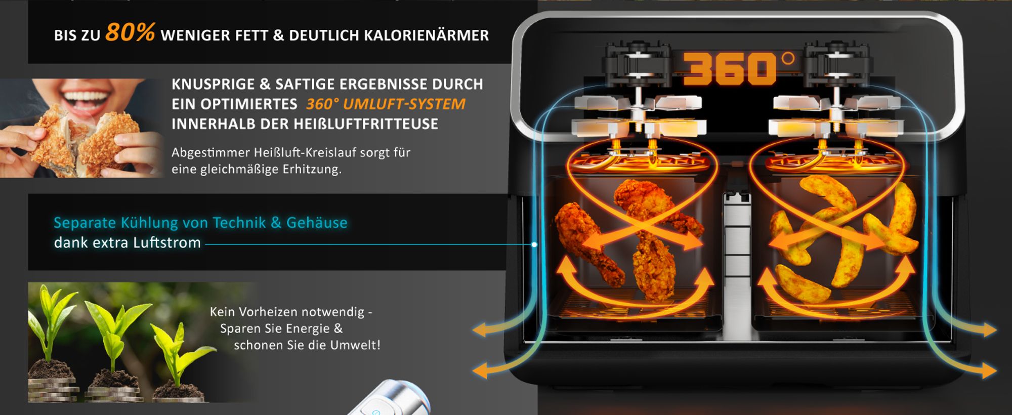 Arendo Heißluftfritteuse XXL, Doppelkammer, Dual Zone, 2in1 Backofen und Airfryer, 2x 4L, 2700W, 3D Umluft, 8 Programme, Timer, SYNC, Antihaft