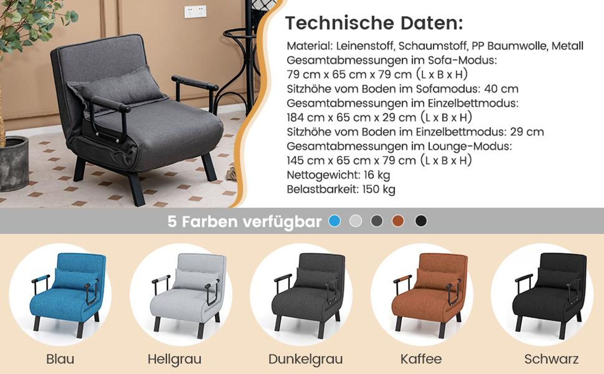 COSTWAY Schlafsessel mit Bettfunktion, Schlafsofa mit 5 stufig Rückenlehne & Kissen, bis 180 kg belastbar, klappbares Sofabett für Zuhause, Büro, Blau
