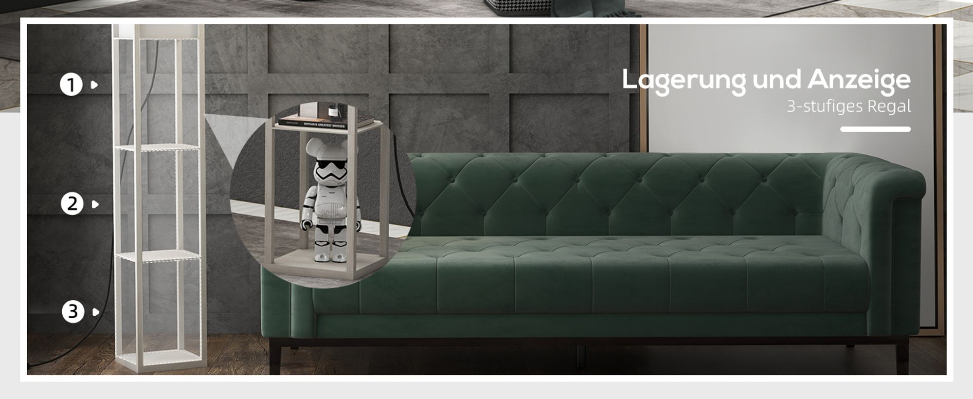 HOMCOM Stehleuchte Beleuchtung mit 3 Regalen E27 bis 40W E1-MDF Eiche+Weiß