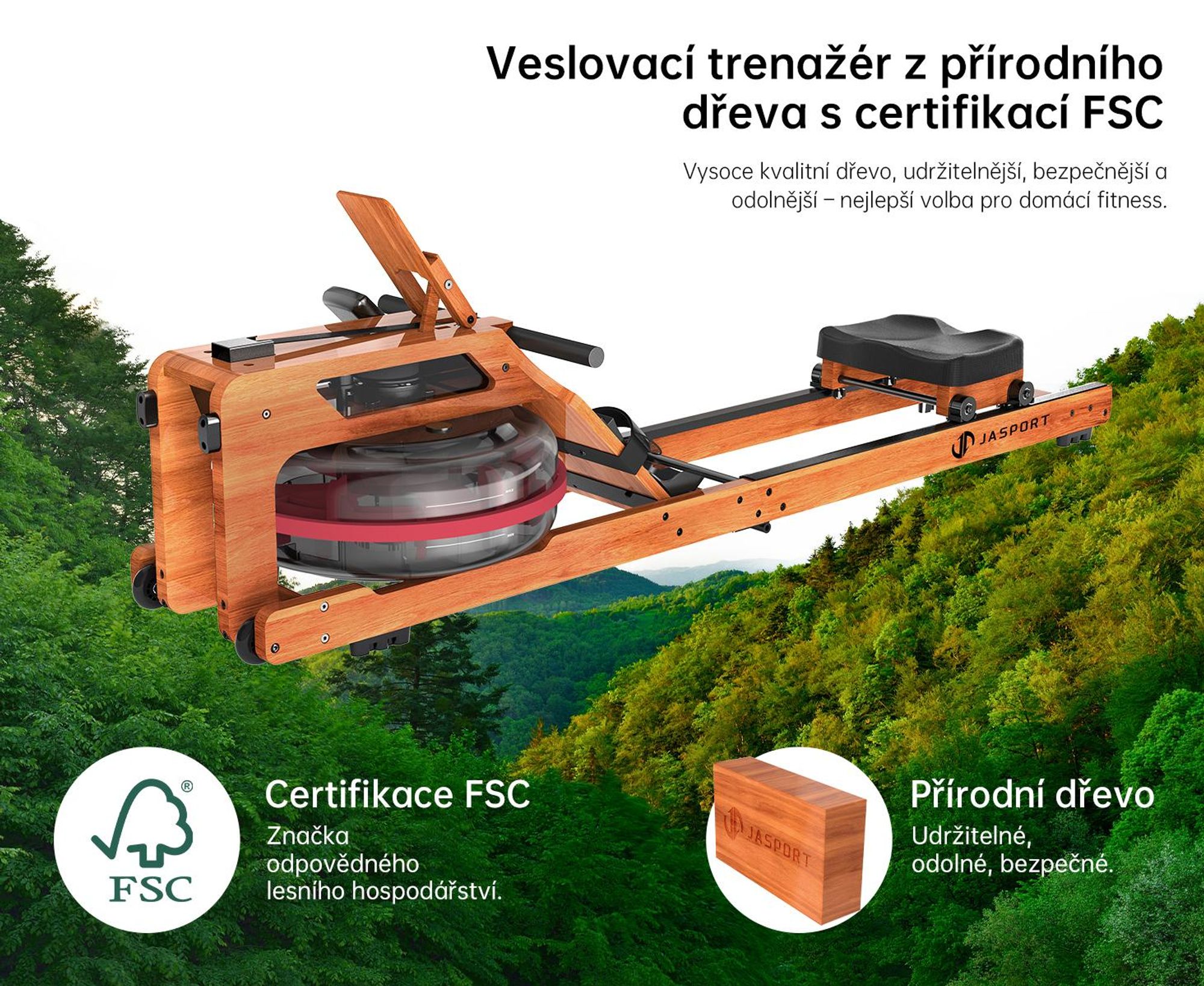 JASPORT R3 skládací veslovací trenažér z ho dubového dřeva s vodním odporem, Bluetooth, LCD, Kinomap, 28 l, do 150 kg – Cherry
