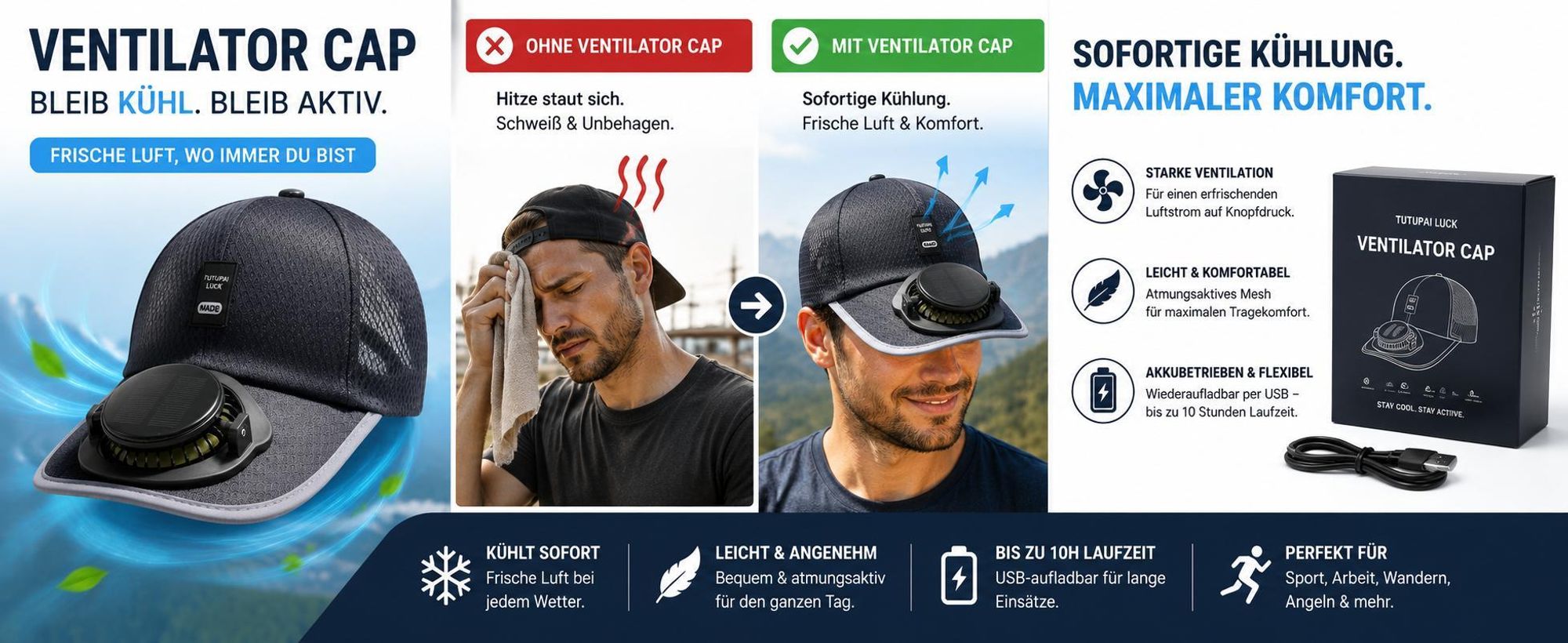 Herren Baseballmütze mit Solarbetriebenem Ventilator, Herren Kappe mit Bentilator, USB Ventilatorhut - SOLCAP