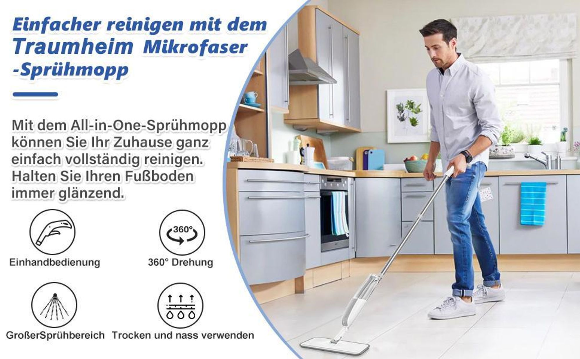Sprühwischer Bodenwischer mit Sprühfunktion, Spray Mop inkl. 4 Mikrofaserpads, Wischmop für Laminat Fliesen Parkett, 300ml Wassertank, 360° Gelenk