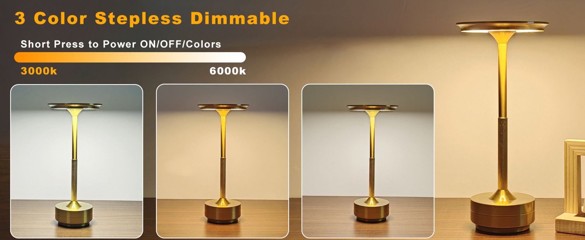 Kabellose Dimmbare LED Akku Tischleuchte Touch Tischlampe Lampe Wohnzimmer Nachttischlampen Dreifarbiges Licht Gold