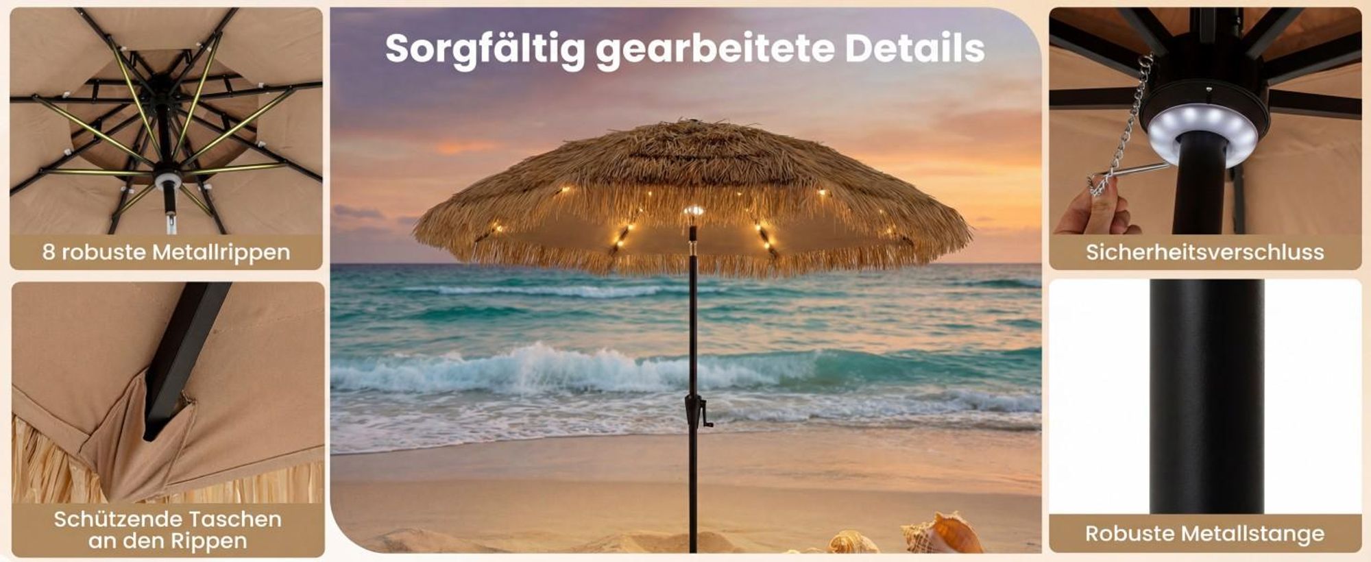 COSTWAY Sonnenschirm Hawaii 300 cm, Strohschirm mit Solar-LED und Doppeldach, Gartenschirm neigbar