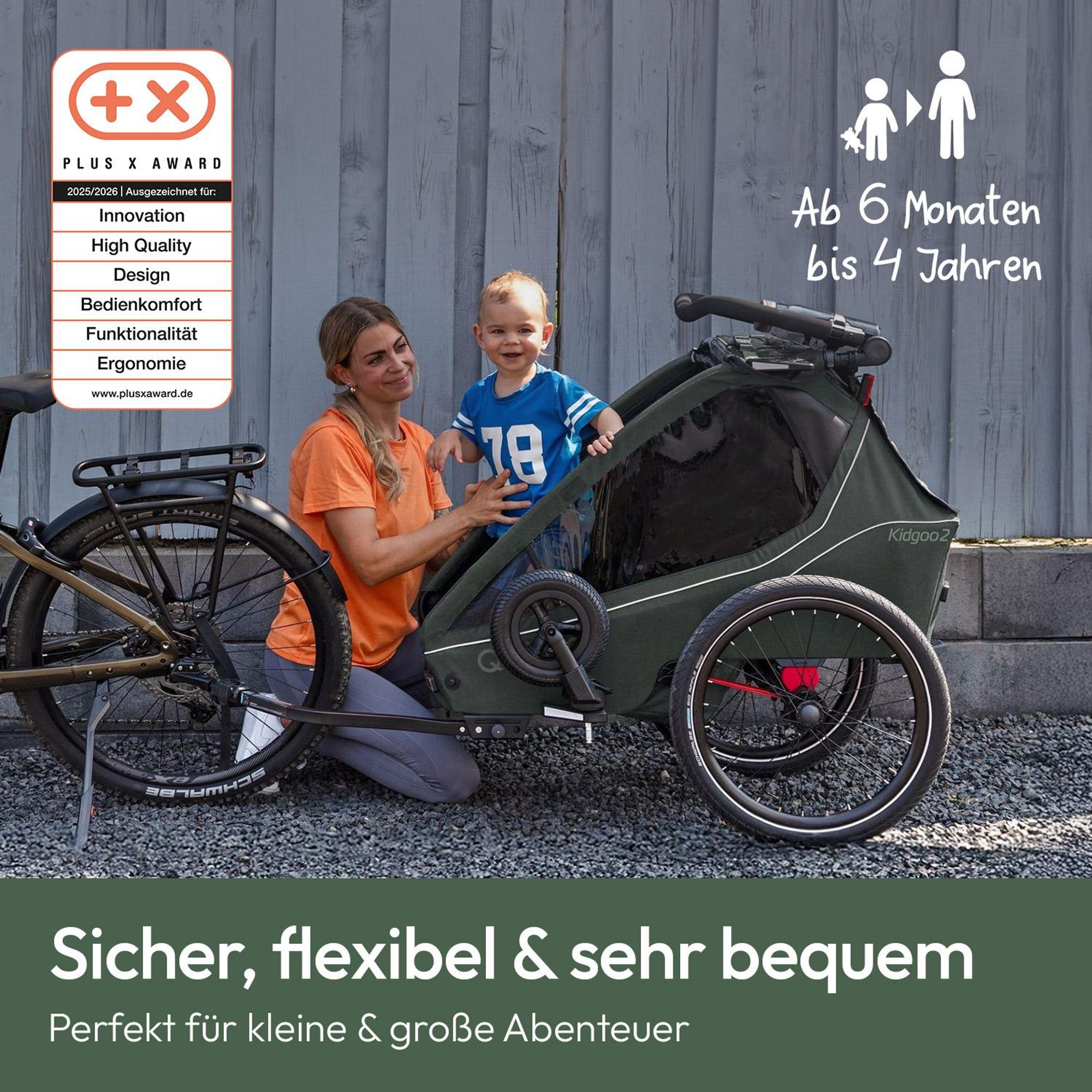 Qeridoo Kidgoo 2- Kinderfahrradanhänger für 2 Kinder, Farbe: Forest Green