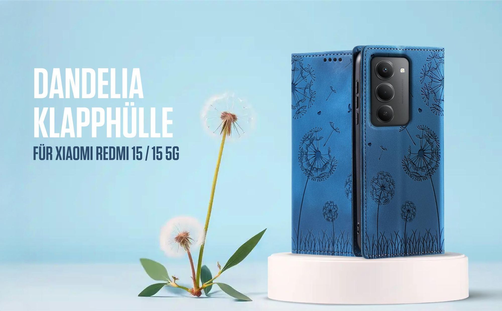 Blaue Klapphülle für Xiaomi Redmi 15 mit feiner Löwenzahn Prägung