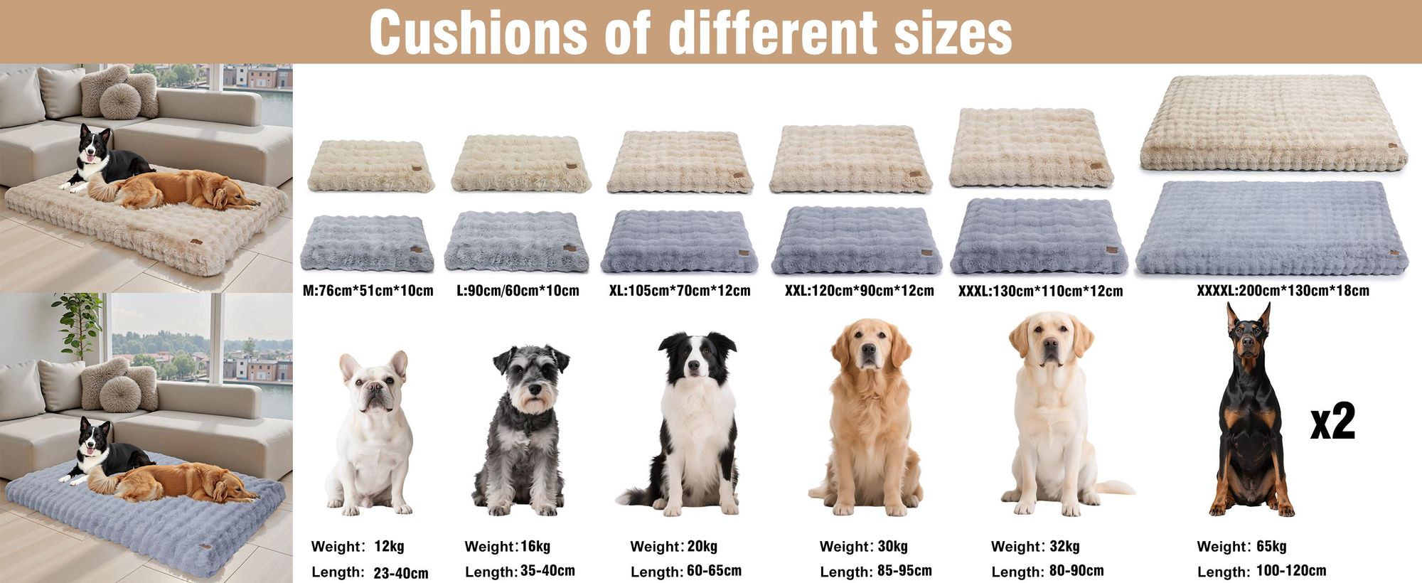 WISFOR Hundebett Hundesofa Hundecouch Hundekissen Plüsch, wasserfest waschbar Bezug abnehmbar L: 90 x 60 x 10 cm, Grau