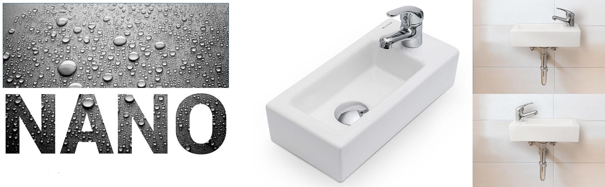 VILSTEIN Hänge- oder Aufsatz Waschbecken Gäste WC | kleines mini Handwaschbecken | Keramik Waschtisch klein | 36,5x18x9 cm | Hahnloch Links