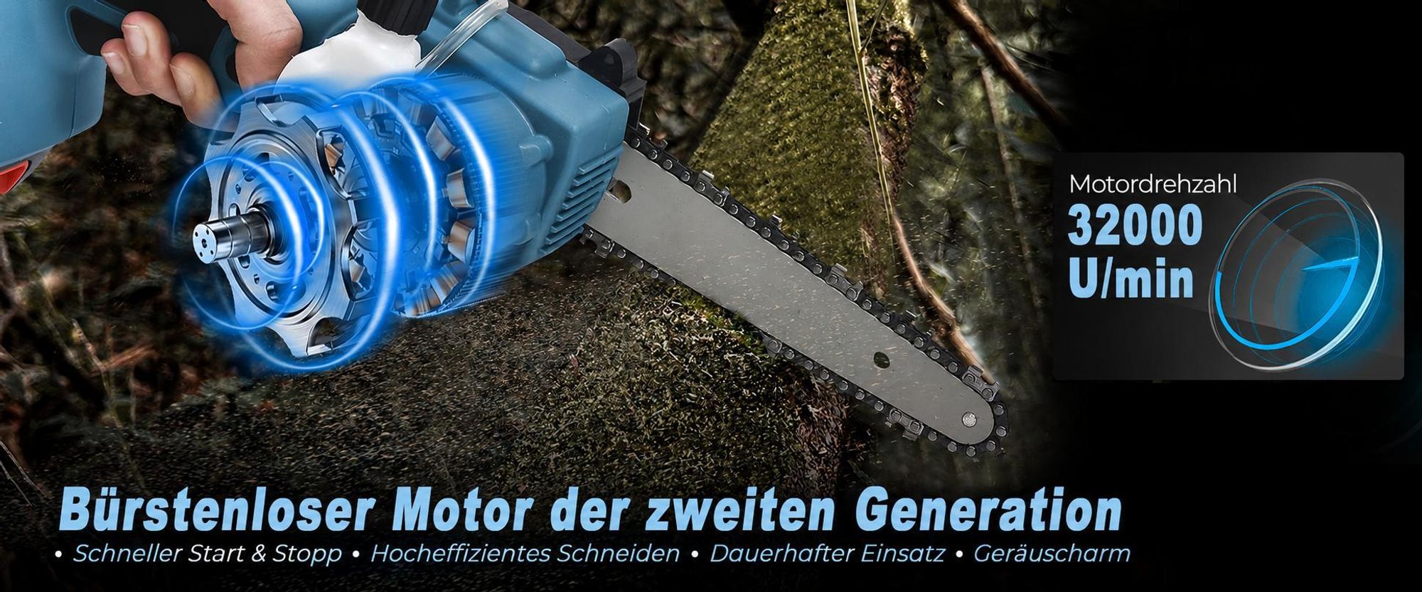 6 Zoll bürstenlose Kettensäge, Mini - Akku - Kettensäge, Holz bearbeitung, Garten schneiden, 2 x Batterie Mit Digitalanzeige, bürstenlose Kettensäge