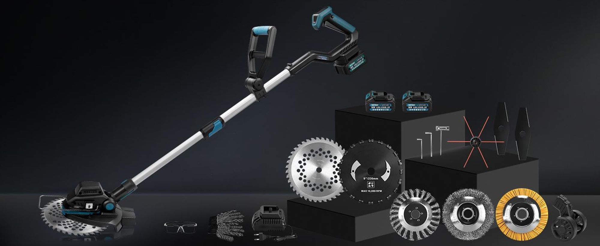 1200W Akku Rasentrimmer Bürstenloser mit 2×4.0Ah Akku 18V, 16800 RPM mit 7 Klingentypen, 90°/100-140cm Einstellbar, für Makita 18V, Freischneider