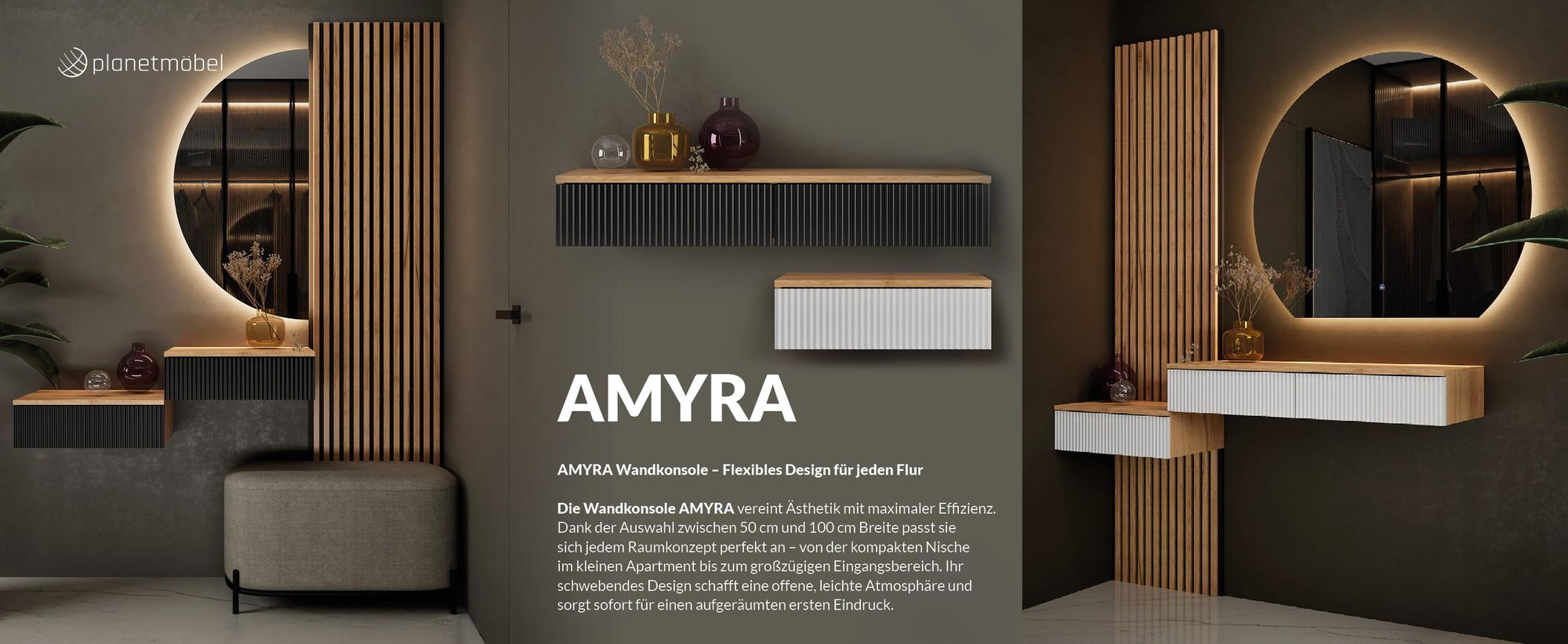 Planetmöbel Amyra Konsolentisch schmal 100 cm für Garderobe, Flur und Schminktisch, weiß