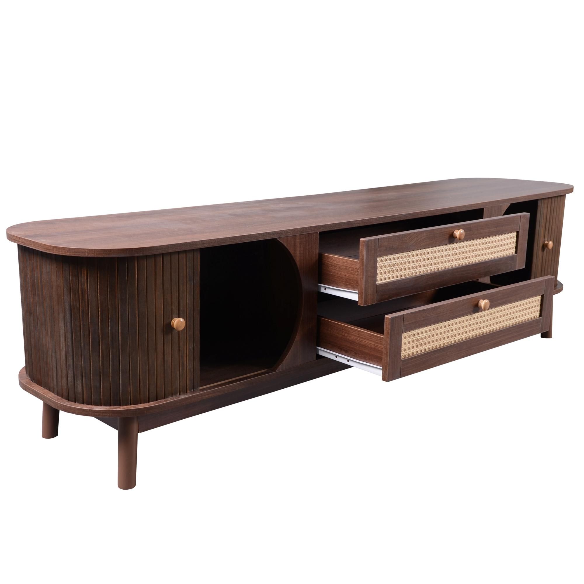 Merax TV-Schrank mit  2 Schubladen und 2 Bogenschiebetüren, Lowboard mit Rattan-Geflecht, Breite 170cm, Walnuss