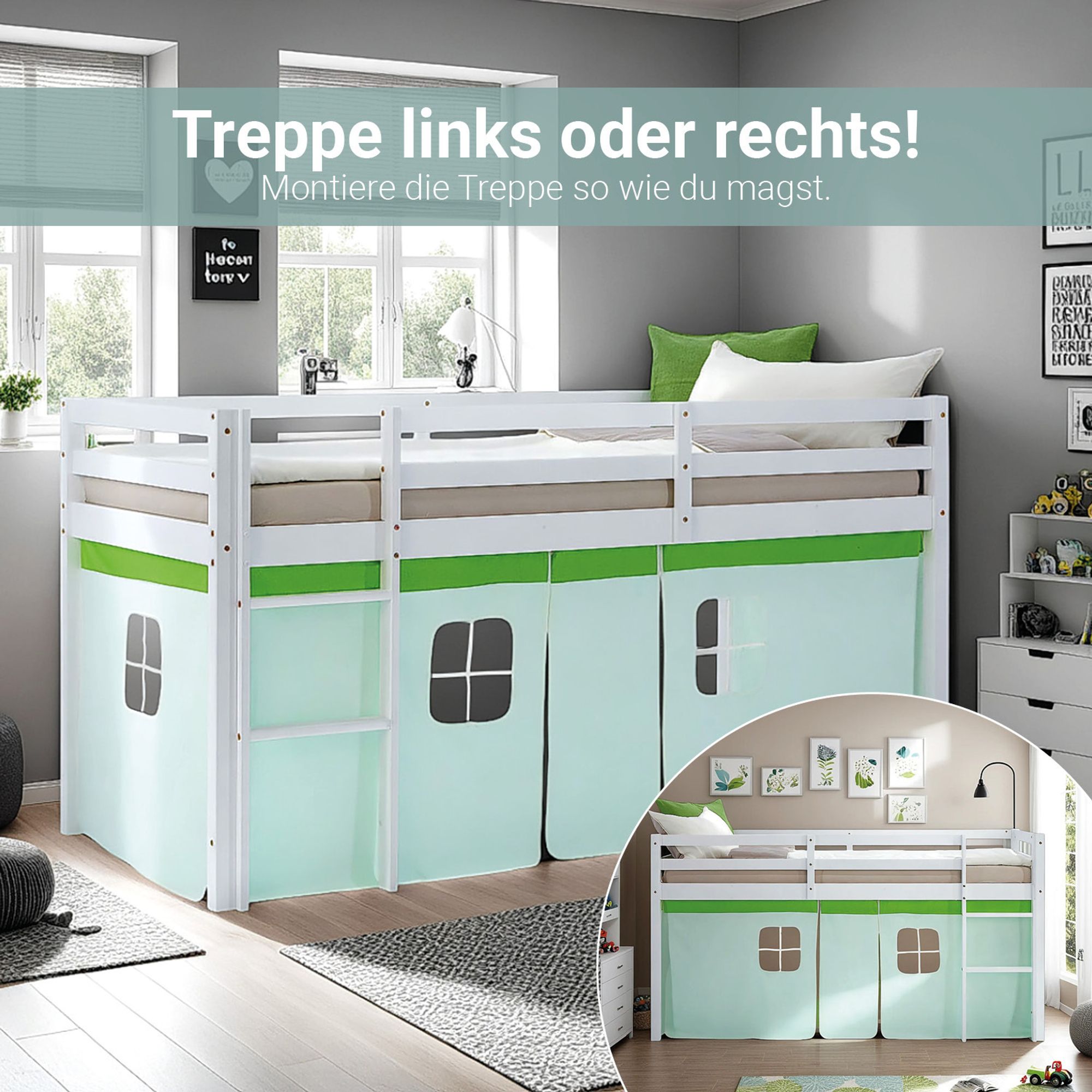 Hochbett, bei dem die Leiter links oder rechts montiert werden kann