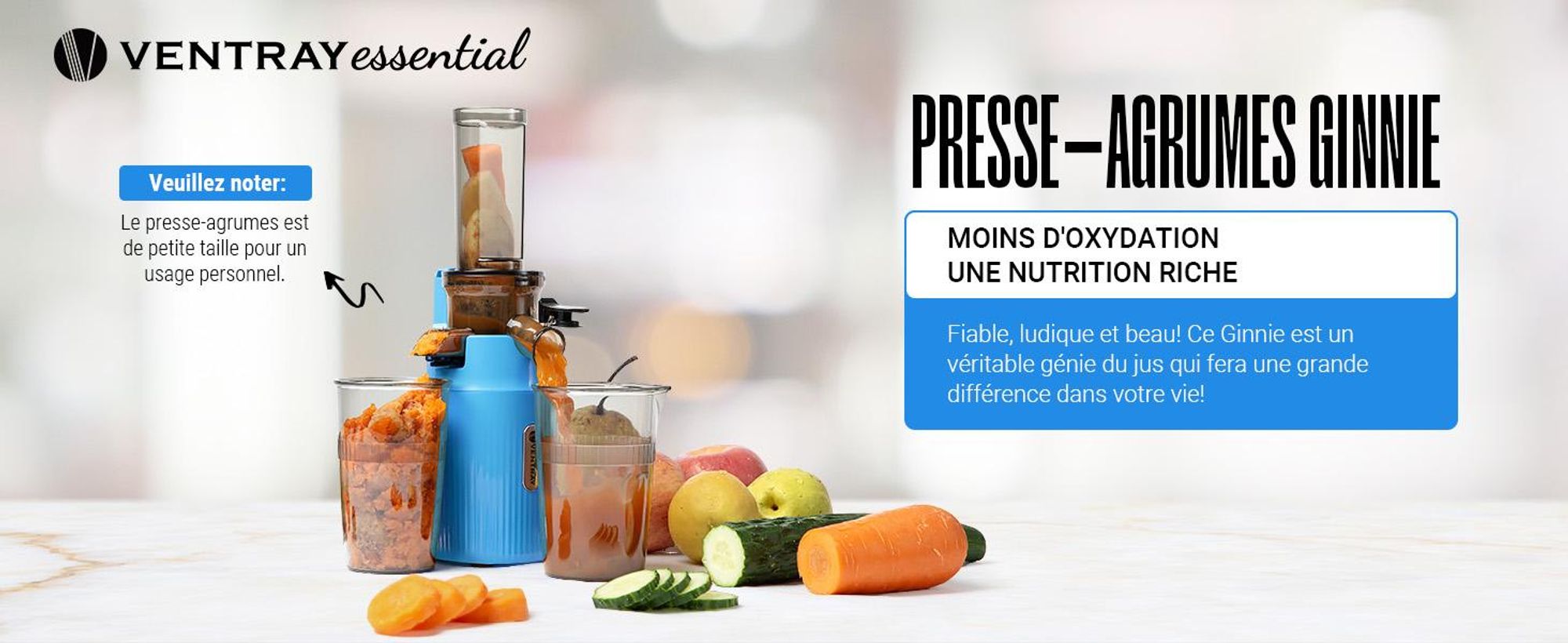 Ventray Essential Ginnie - Centrifugeuse à pression à froid, Slow Juicer Compact & Silencieux (60 tr/min, ouverture de remplissage de 45mm), sans BPA, 400ml, Nettoyage facile