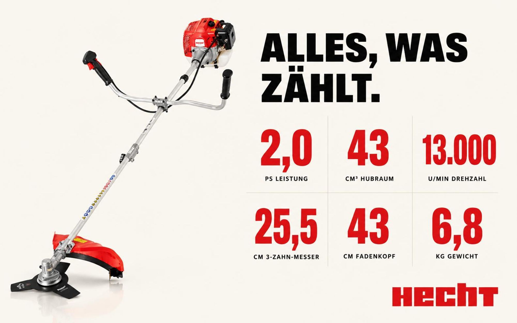 HECHT 142 BTS Freischneider Benzin | mit Tragegurt | 25,4 und 40 cm Schnittkreis | 2 PS | 43cm³