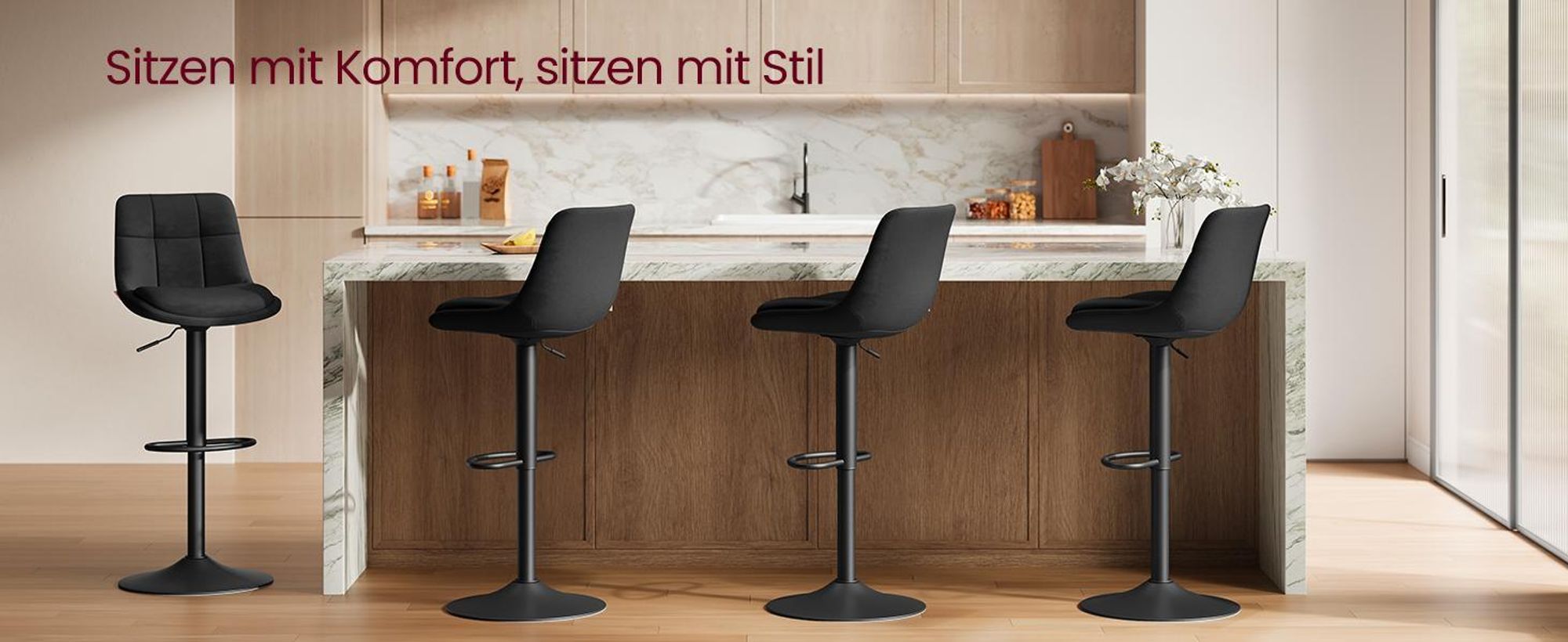 VASAGLE Barhocker 2er Set, höhenverstellbar, drehbar, mit Rückenlehne und Fußstütze, Tintenschwarz