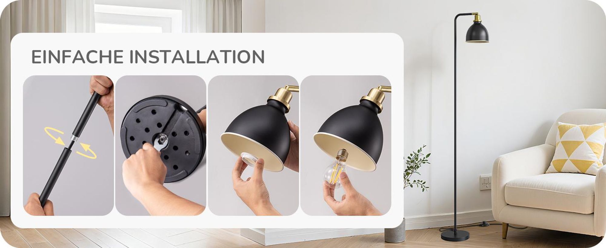 EDISHINE Stehlampe Schwarz, Retro Stehleuchte inkl. LED Leuchtmittel, Verstellbarer Kopf, mit Metall Lampenschirm, Leselampe für Wohnzimmer & Büro