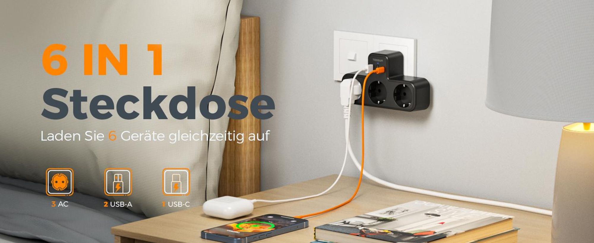 TESSAN Mehrfachstecker mit USB für Steckdose 3 Fach Steckdosenadapter mit 2 USB A und 1 USB C 3600W Mehrfachsteckdose Ladegerät Schwarz