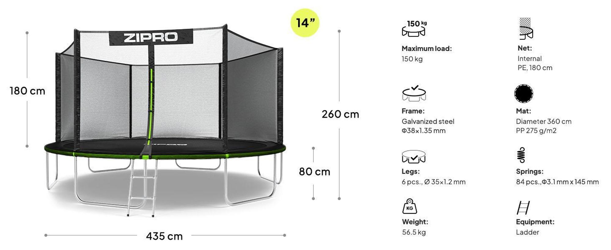 ZIPRO Trampolína Jump Pro Out | 14FT Ø 435 cm | Zahradní trampolína Dětská trampolína Kompletní sada včetně vnější sítě, žebříku a krytu okraje, venkovní, zelená