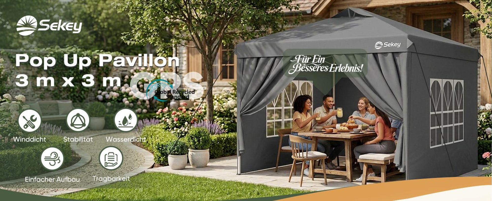Sekey Faltpavillon 3x3 m Pop Up Gartenpavillon wasserdicht winterfest inkl 4 Seitenteilen Partyzelt für Garten Terrasse, Grau