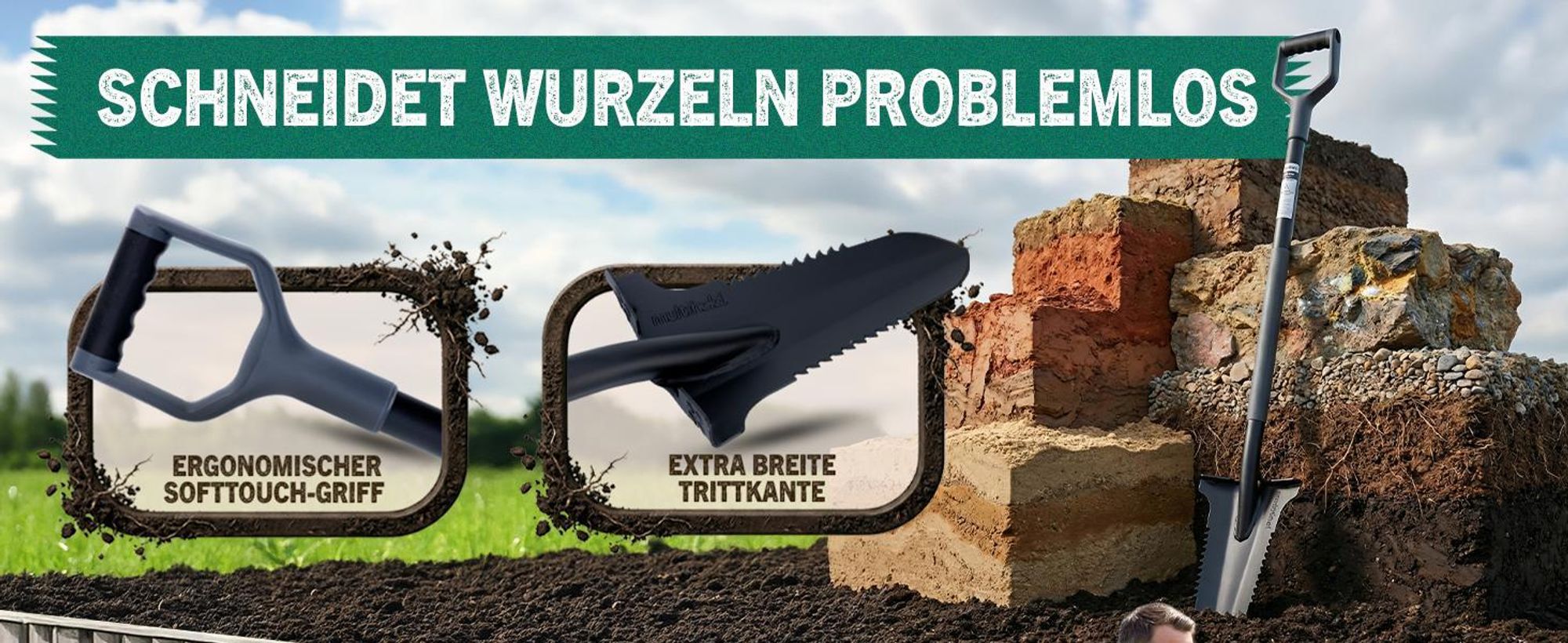 Wurzelspaten mit Wurzelsäge 120cm – Gartenspaten für harte Böden – Ergonomischer D-Griff & breite Trittkante – Robustes Gartenwerkzeug