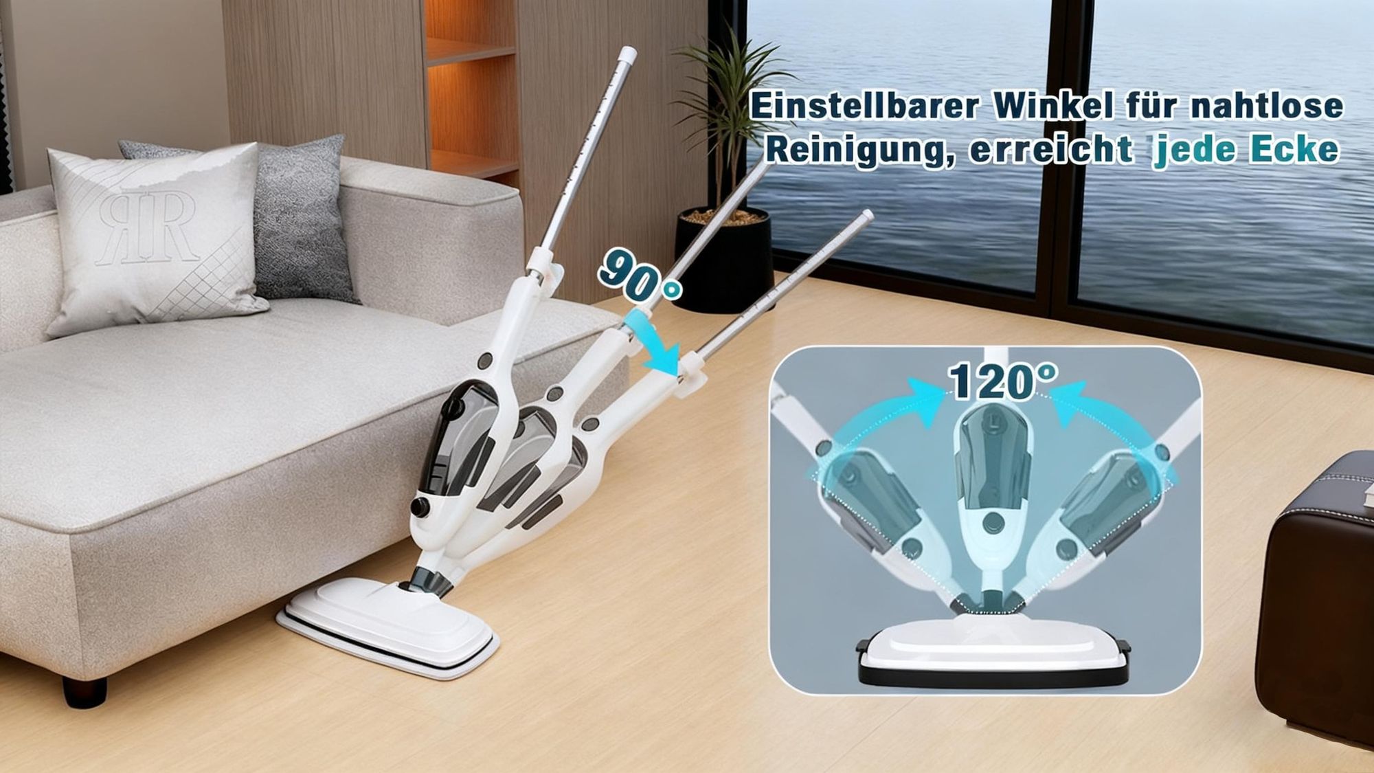 11 in 1 Dampfreiniger - 15s Aufheizung, 140°C Heißdampf, Drehbarer Kopf, Höhenverstellbar, mit 2 Wischpads für Glas, Auto, Küche, Bad, Boden, Fenster