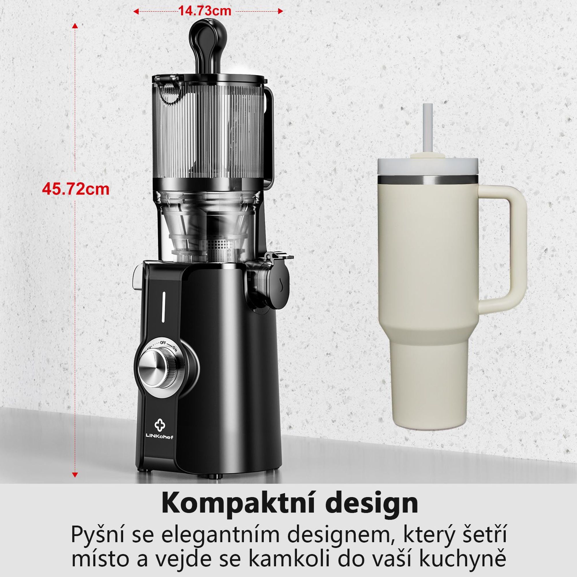 LINKChef SJ-051-EU-BL Pomalý odšťavňovač -  CE 200W Výkon 1.2L Velká kapacita Dva plnicí zásobníky Snadné čištění - černá