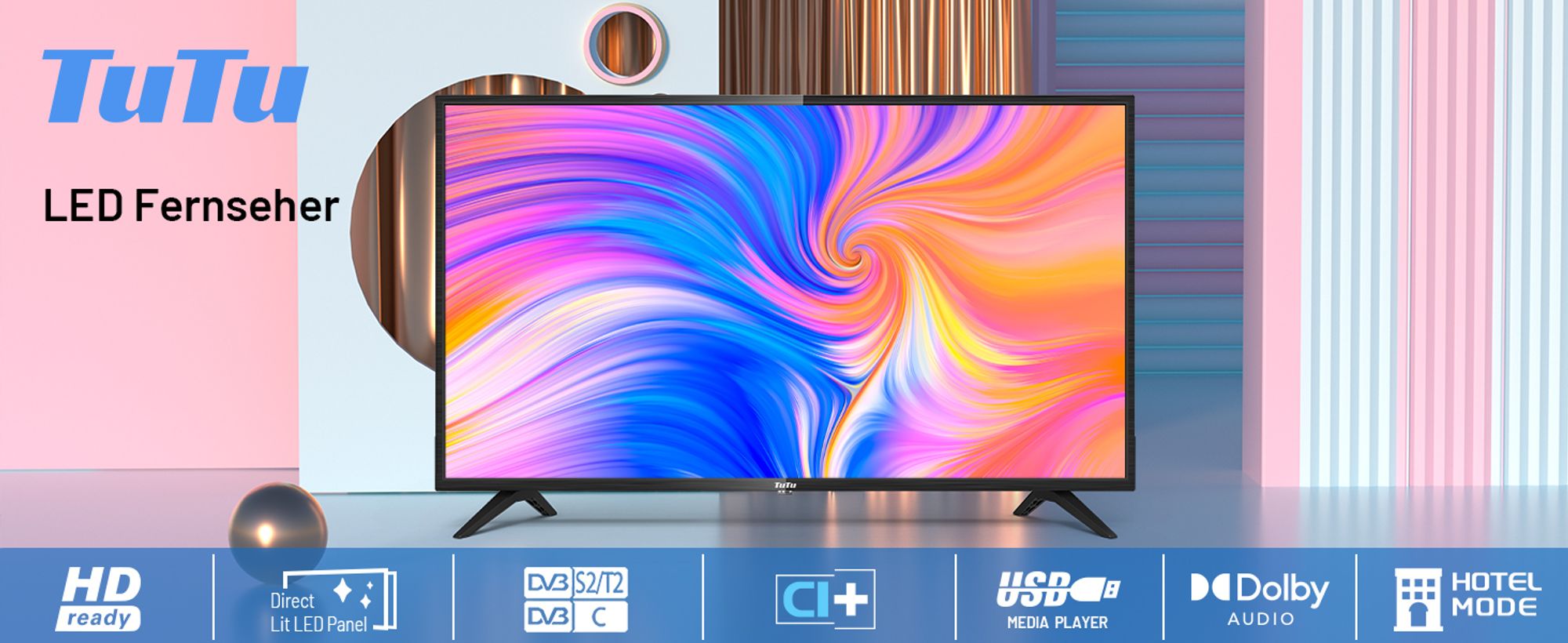 TuTu Standard TV - LED Full HD - 42 Zoll/108 cm - Randlos Design - Tripple Tuner DVB-T/T2/S/S2/C - HDMI x2, USB x1, CI+ - Montiert in Eindhoven, Niederlande - TUB42FD1N