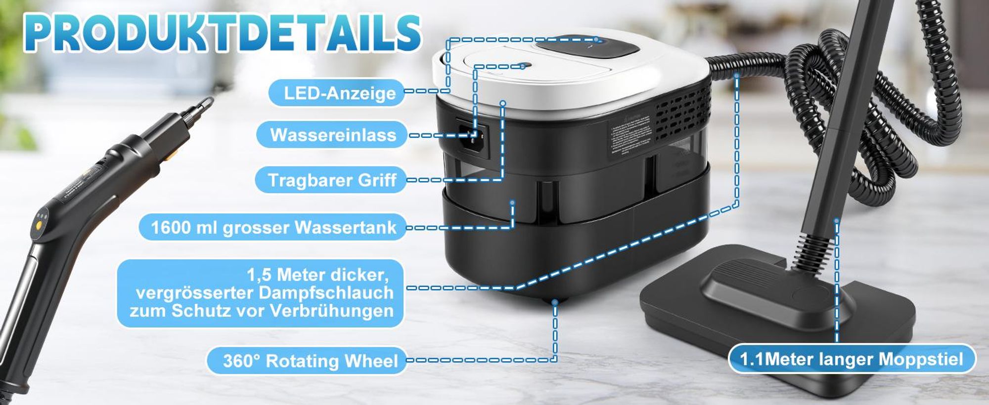 Dampfreiniger, 2500W Hand Dampfreiniger für alles mit 15 Zubehör, 4.5 bar Dampfdruck 1,6L Tank,Tragbarer Steam Cleaner für Fenster, Küche, Boden,Auto