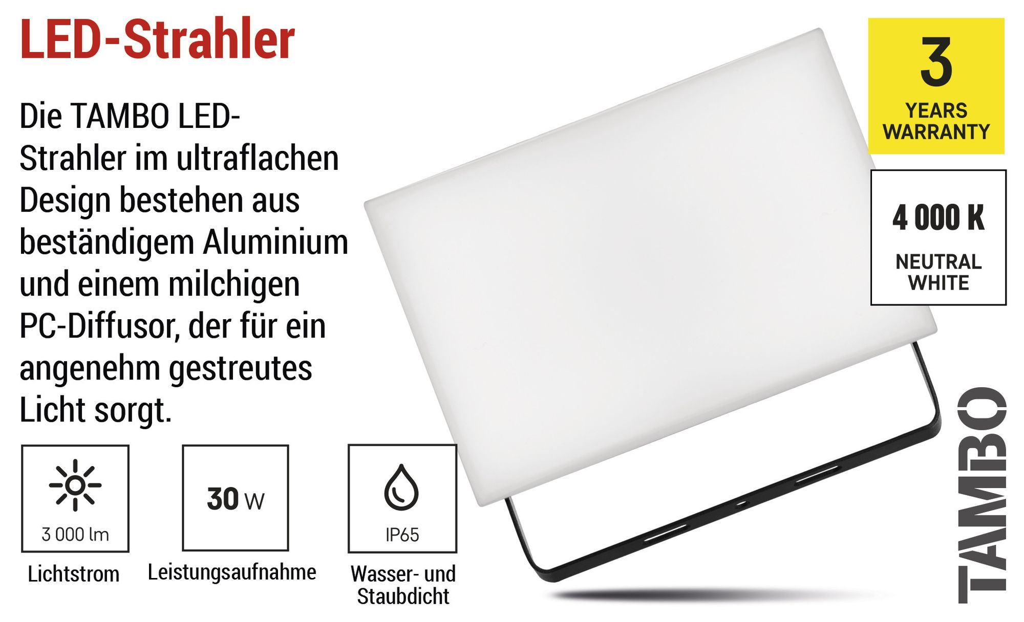 EMOS - LED-Strahler Tambo - ultradünnes Aluminium Flutlicht - wasserdicht - neutralweiß (4000 K) - 3000 lm - 30 W - für Außen - schwarz, ZS2532
