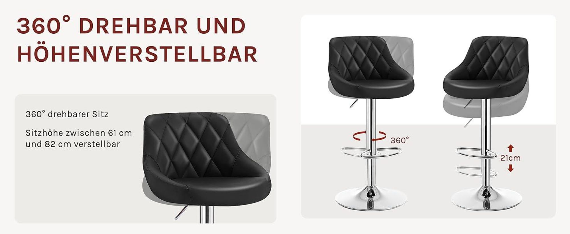 WOLTU 2er Set Barhocker Barstuhl leichte reinige Kunstleder, Gute gepolsterte Sitzfläche, Höhenverstellbar 360° Drehbar, Farbwahl, Schwarz