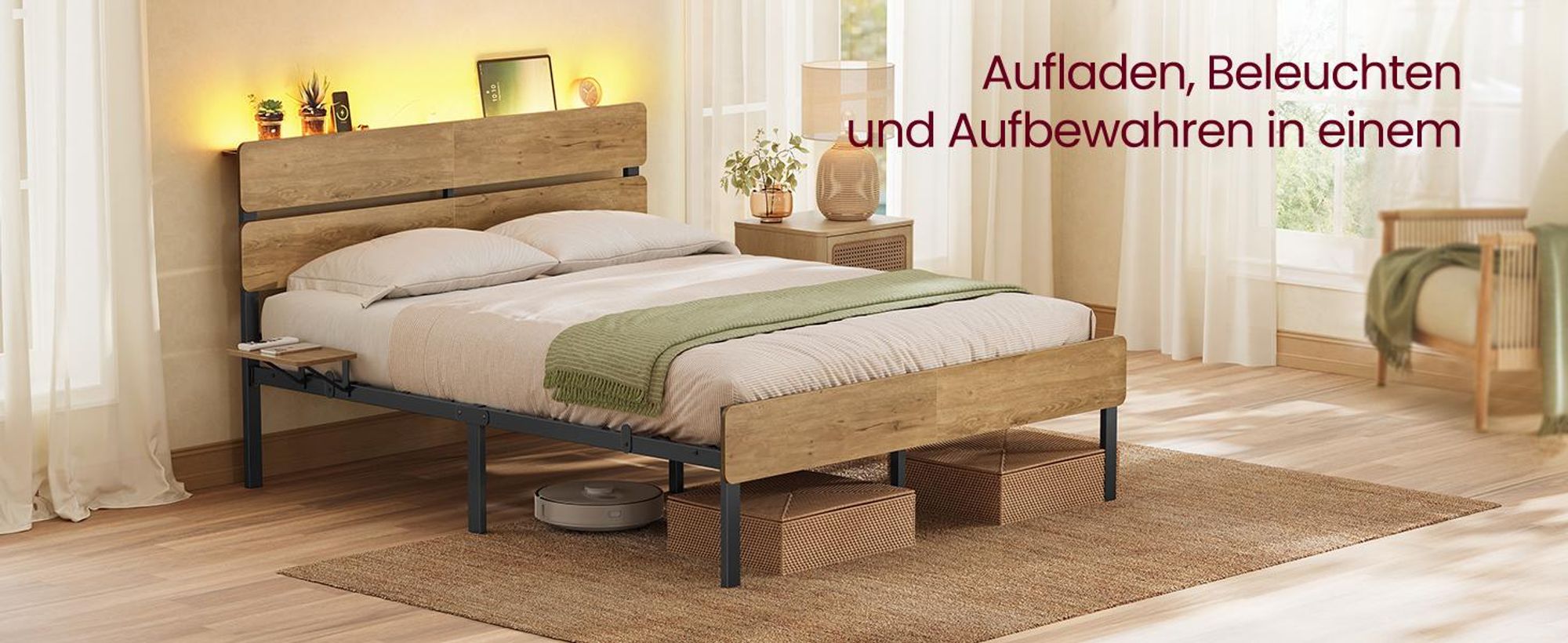 VASAGLE Doppelbettgestell, Bett, 140 x 200 cm, Metallrahmen, LED-Beleuchtung, USB-A- und USB-C-Anschluss, Unterbettaufbewahrung, Industrie-Stil