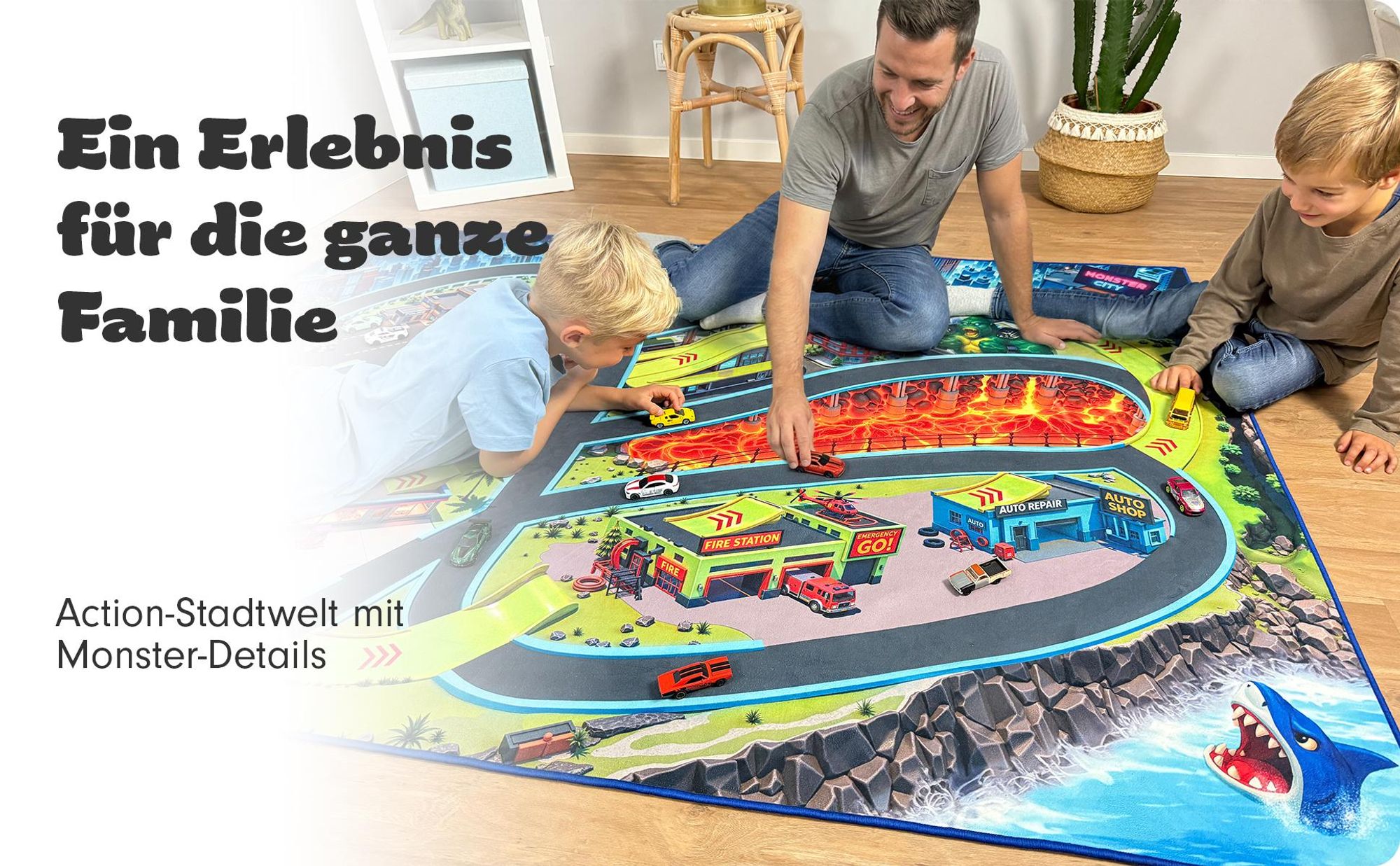 SkippiDoo Straßenteppich – Monster City XL – Spielteppich 200 x 140 cm, Autoteppich mit Breiten Straßen & großen Parkplätzen, Rutschfest