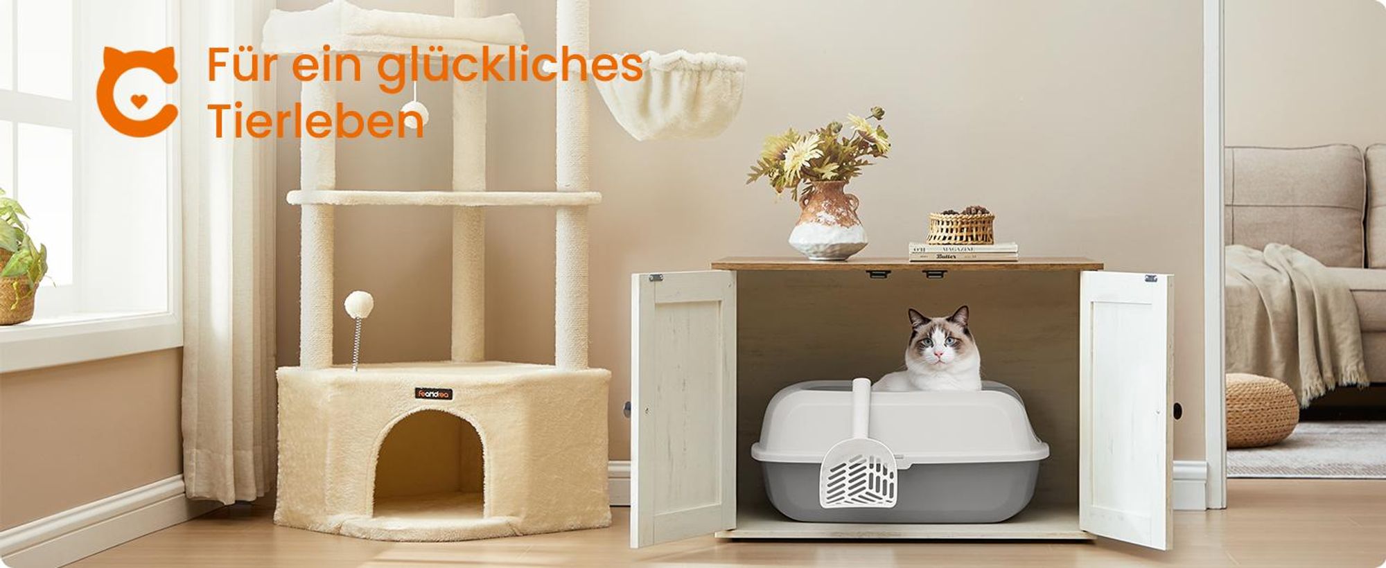 Feandrea Katzenklo mit hohen Seitenwänden, XXL, offene Katzentoilette, mit Schaufel, für Kätzchen und große Katzen, wolkenweiß
