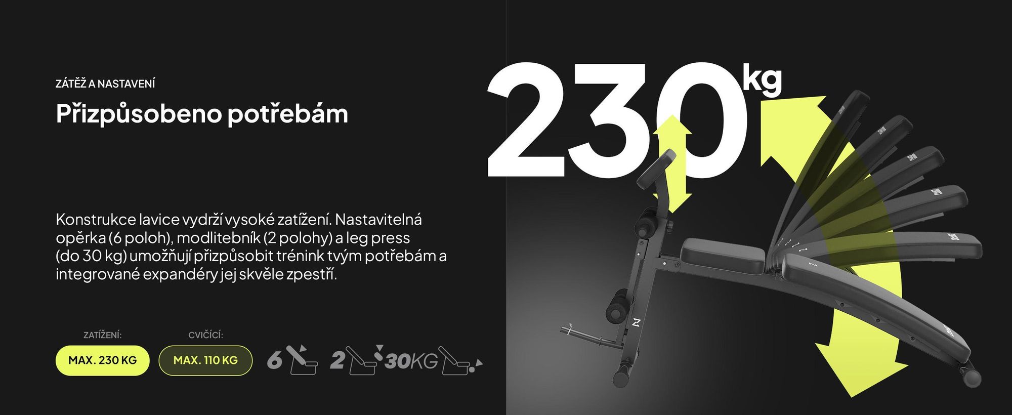 Multifunkční tréninková lavice Zipro Volume s posilovačem nohou a bicepsovými svaly pro trénink celého těla, nastavitelná lavice, černá, nosnost 230 kg